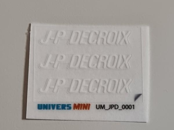 3 pegatinas blancas con el logo de JP-DECROIX de 4.5 mm (precortadas)